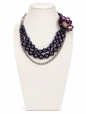 Vintage New York & Company Purple Beaded Necklace Rhinestone Flower Choker